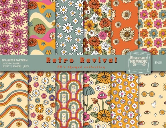 70s Retro Floral Digital Paper Pack