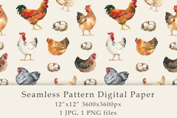 Watercolor Farm Birds Seamless Pattern