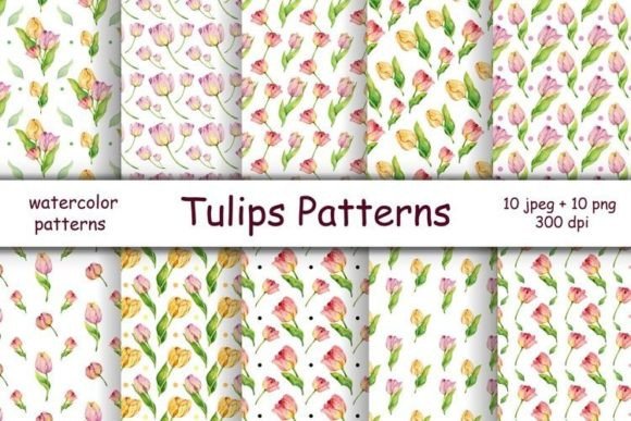 Watercolor Tulips Digital Paper Pack: Seamless, Print-Ready Patterns for Creative Projects